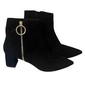Select Suede Block Heel Ankle Boots •40.5/9.5•Pointed Black Gold Ring Zip Italy